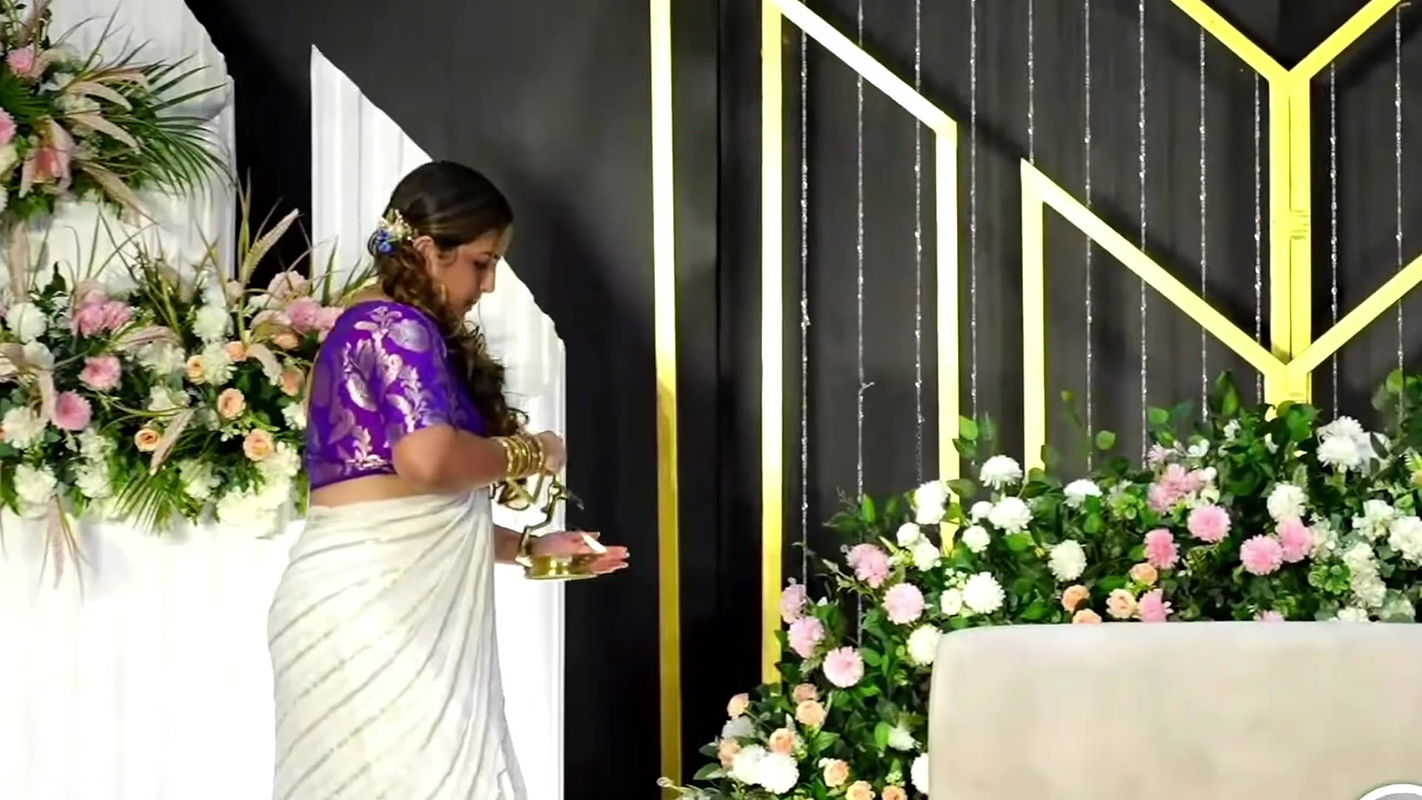 busty Malayali lady in white and violet kerala costume 2