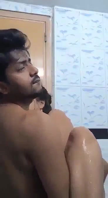 Boyfriend enjoying to pressing his gf big boobs in bathroom