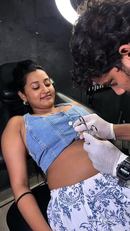 Cute chubby girl closeup navel and boobs armpit show navel piercing