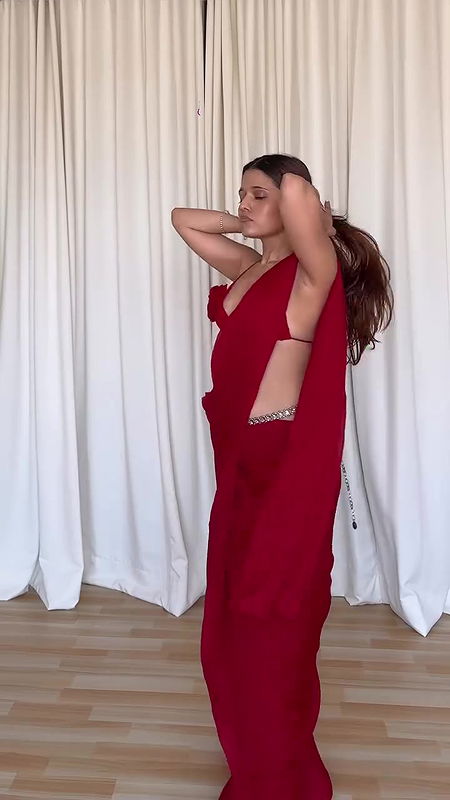 Beautiful Girl Ruhaanee Sexy In Red Saree Get Ready Dress Up