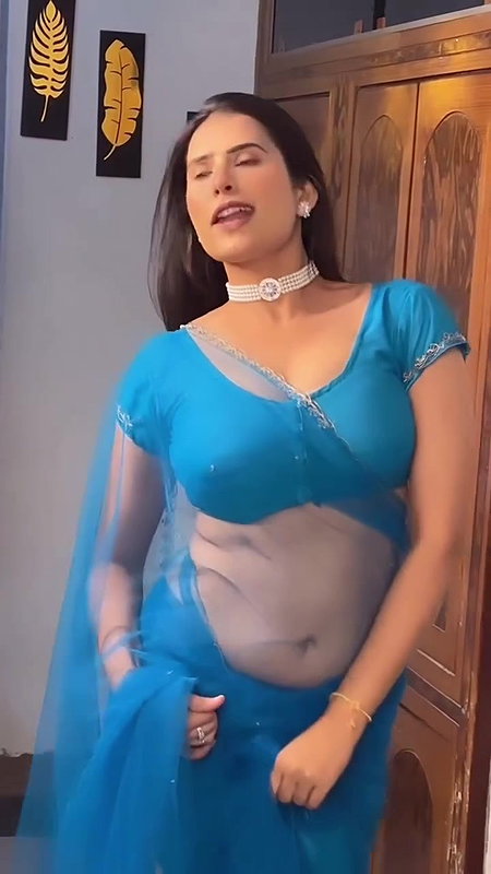 Beautiful sexy girl seducing in transparent saree hot navel and boob show 22