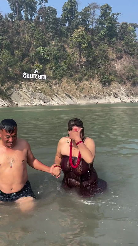 Nepali lady river dip and nipple visible in red dress 22