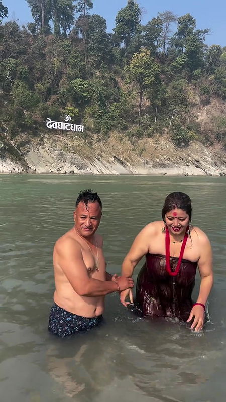 Nepali lady river dip and nipple visible in red dress 22