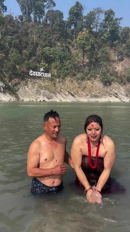 Nepali lady river dip and nipple visible in red dress 22