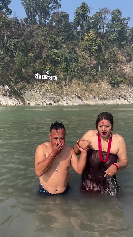 Nepali lady river dip and nipple visible in red dress 22