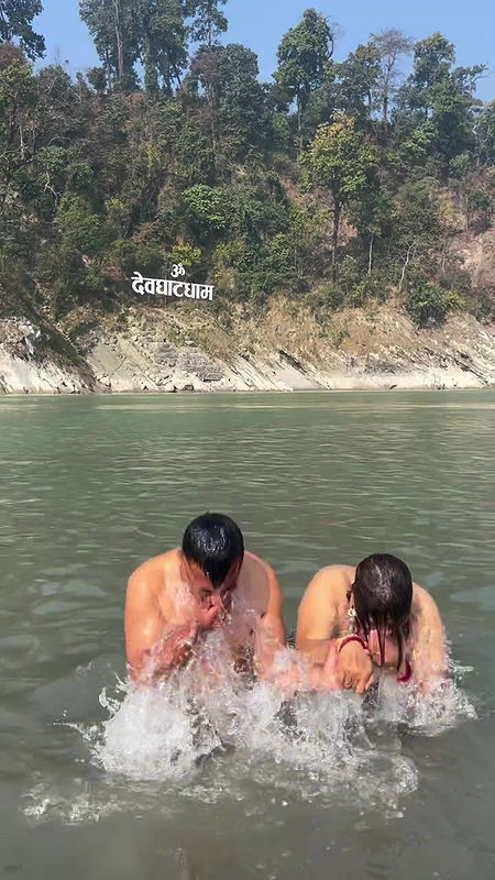 Nepali lady river dip and nipple visible in red dress 22