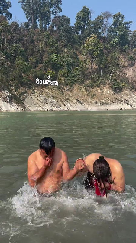 Nepali lady river dip and nipple visible in red dress 22