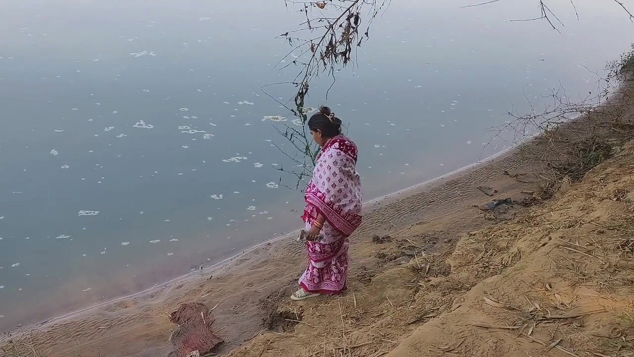 Indian Village Wife Bathing in the River in Outdoor Area