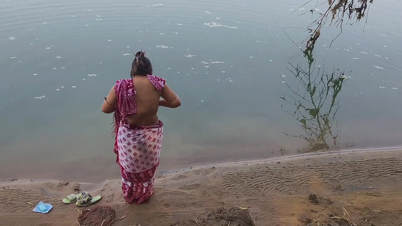 Indian Village Wife Bathing in the River in Outdoor Area