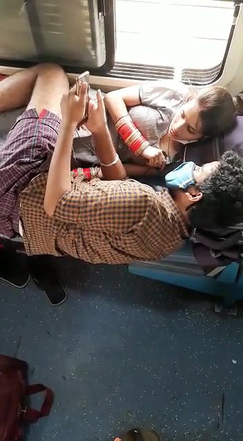 Newly Married Desi Couple Romance Smooching and Boobs Pressing in Train