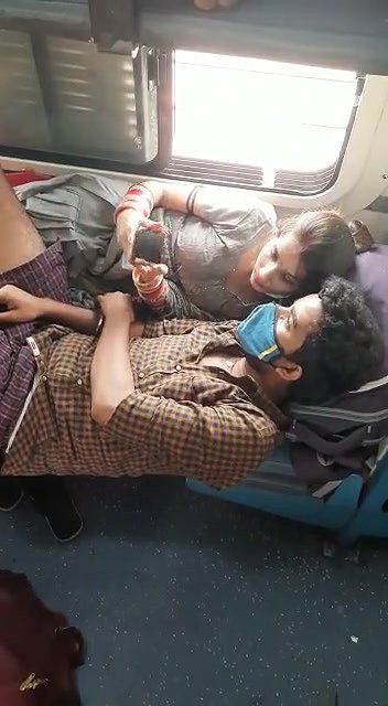 Newly Married Desi Couple Romance Smooching and Boobs Pressing in Train