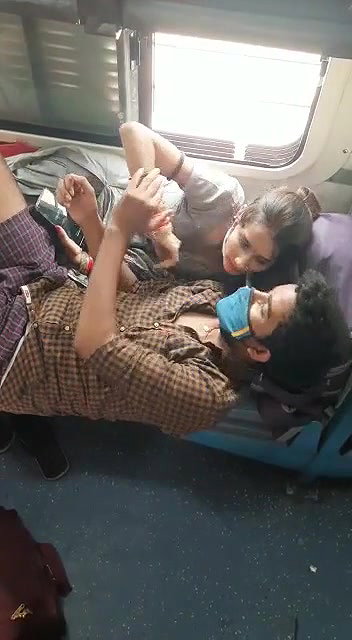 Newly Married Desi Couple Romance Smooching and Boobs Pressing in Train