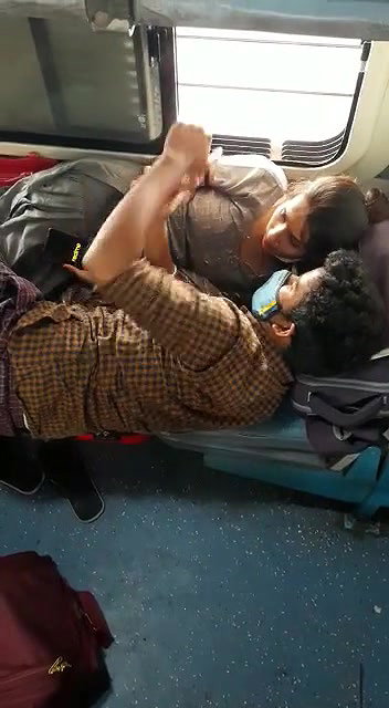 Newly Married Desi Couple Romance Smooching and Boobs Pressing in Train