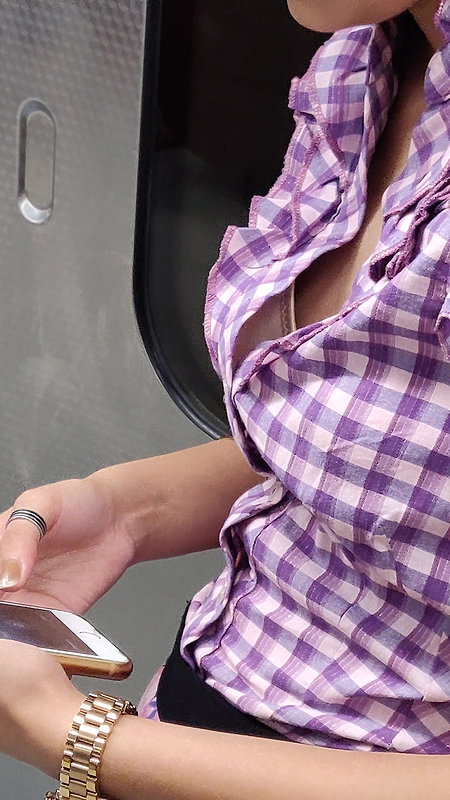 Young lady designer bra visible clearly through open shirt