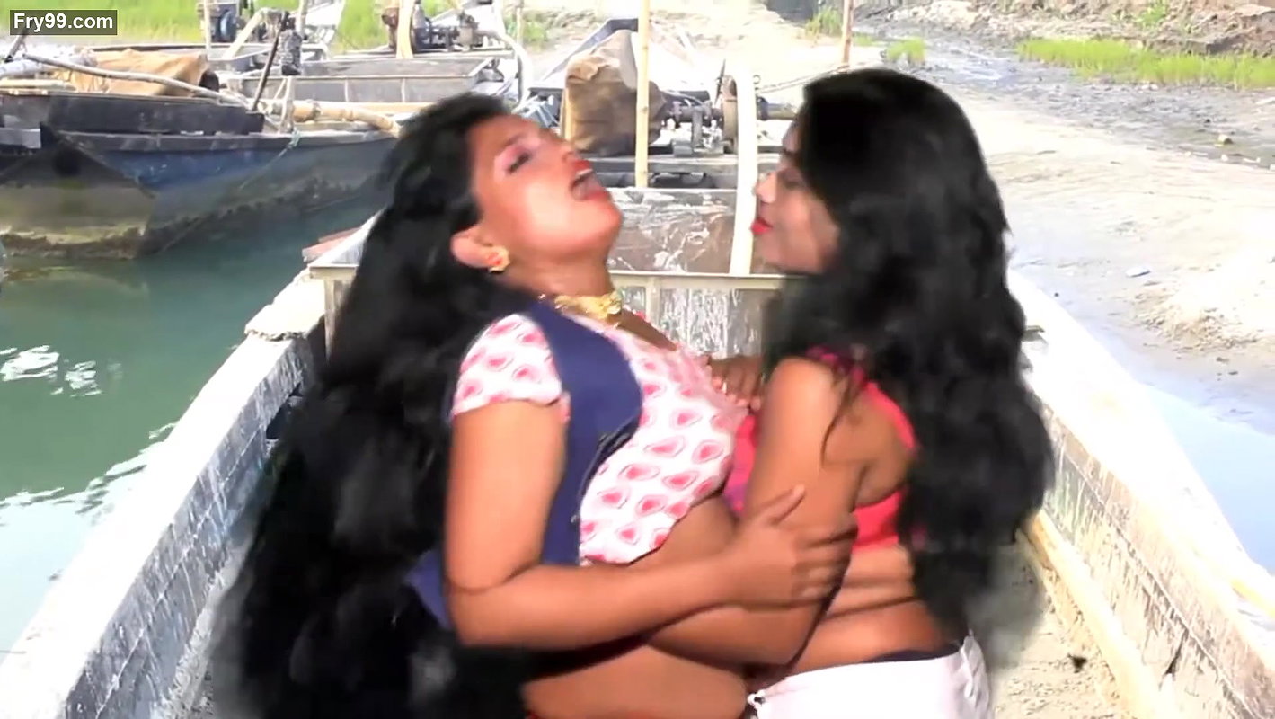 Booby lesbian navel kiss boob press groping song in boat
