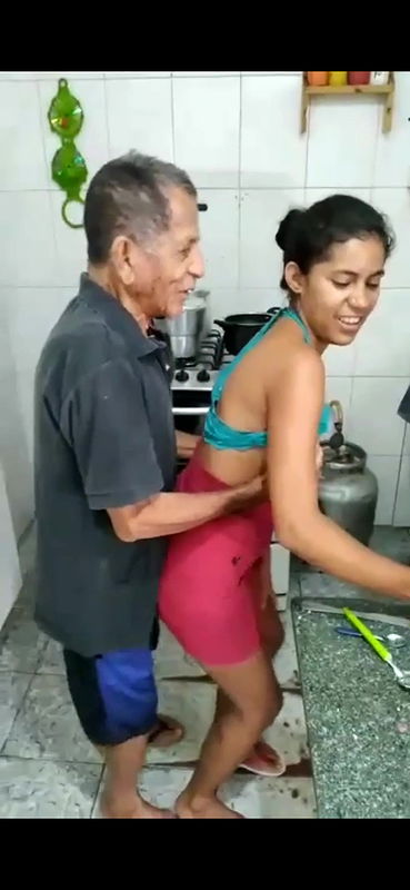 Old man pressing Naked Boobs of Young girl and dicking from behind