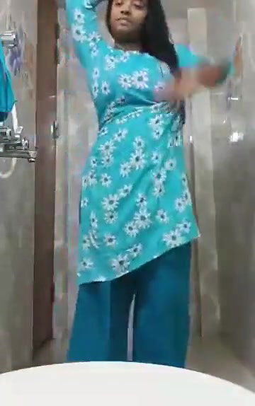 Desi Girl Striping Salwar Suit In Bathroom
