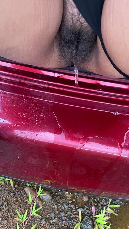 hot girl pissing on the way outside of the car boot.