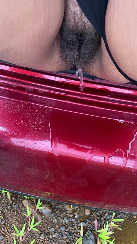 hot girl pissing on the way outside of the car boot.