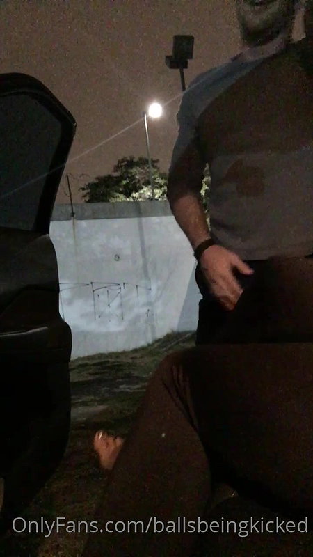 A girl in nature punishes a guy in the balls